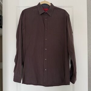 HUGO Dark Brown Pinstripe Dress Men's Slim-Fit Shirt Medium